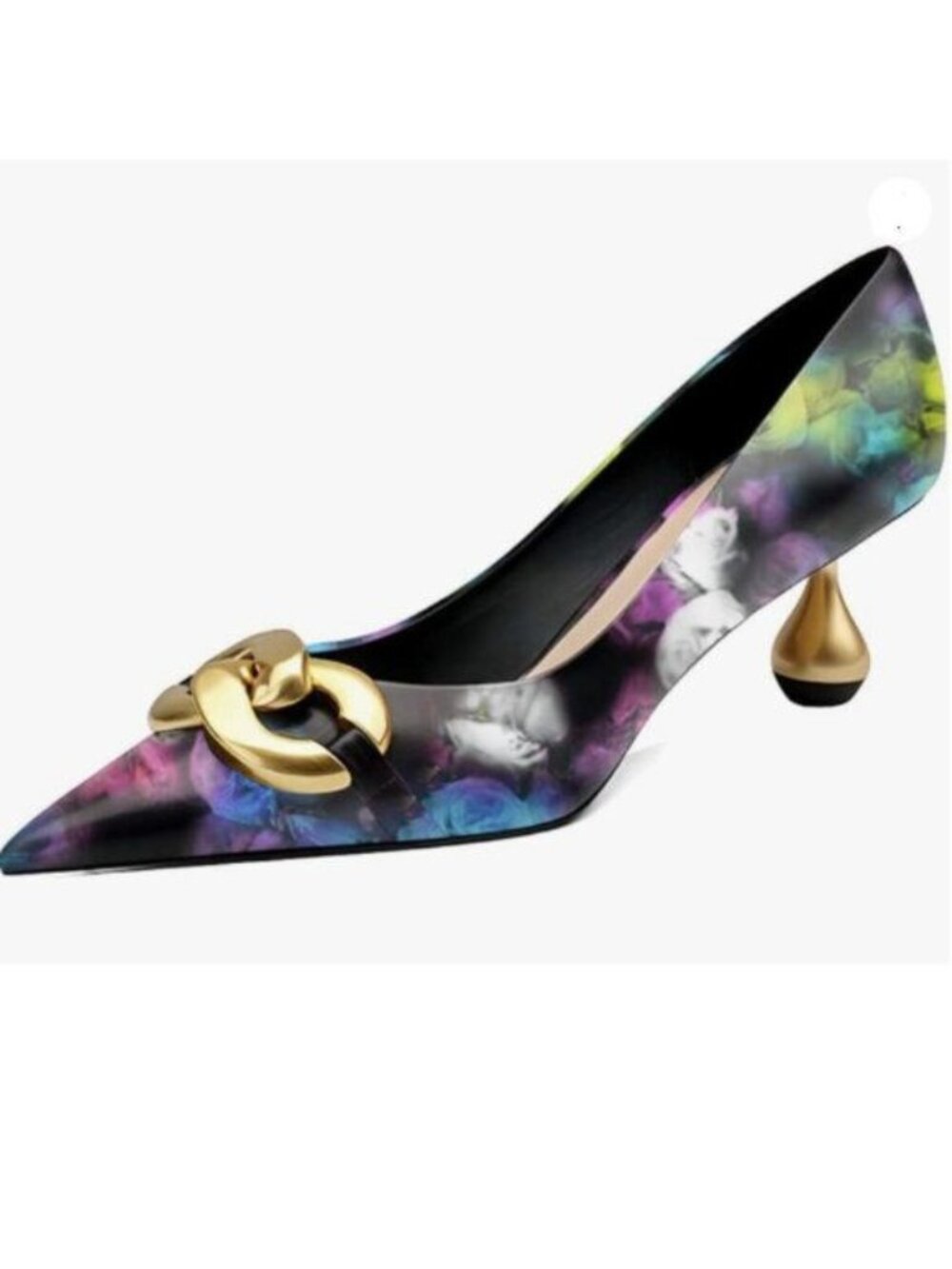 XYD Low Heel Closed Pointed Toe Pumps with Metal Chain Solid Golden Heeled Shoes